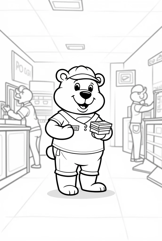 Create the image of a bear in a work at the post office for coloring book, without color, outline