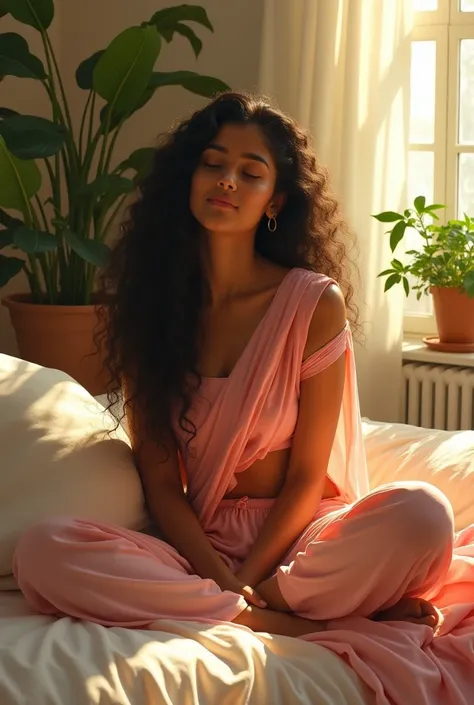 (photorealism:1.2), beautiful indian woman, sitting on bed, wearing modern saree , pajama pants, long curly hair, indoors, soft lighting, plants in background, window with sunlight, cozy room, relaxed pose, realistic, intricate details, warm colors, by Gre...