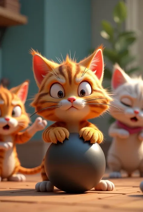 ### 4. **Scene 4:**
   - "Rosette cat struggling to lift a small weight, sweating and exhausted but refusing to give up, surrounded by other cats working out easily."3d 4k 