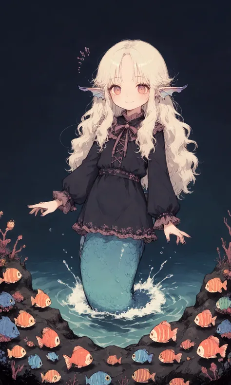 a song is coming from the distant sea, at center evil mermaid(girl with lower body fish) smiling sitting on a rock floating sea and singing and colorful circle hypnotic sound wave effects from her can be seen, BREAK ,background many people drowning in the ...