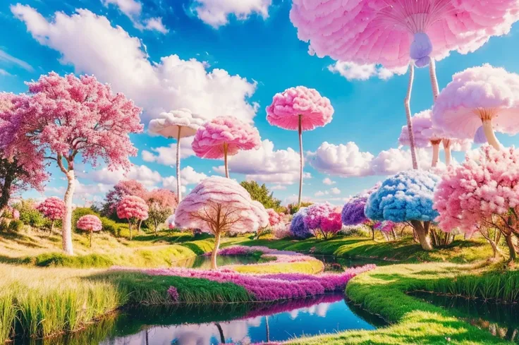 1girl, cute candyland, cotton candy sky, whimsical mushroom forest, colorful candy trees, lollipop plants, marshmallow clouds, bubblegum grass, gummy bear path, chocolate river, (best quality,4k,8k,highres,masterpiece:1.2),ultra-detailed,(realistic,photore...