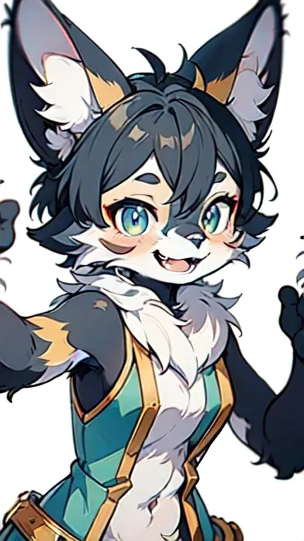 FHD, masterpiece, furry, furry face, with dog ears, a furry girl, no human hair, dancing, white background, fantasy, watercolor, heart in eye, cheerful grin, dutch angle shot, 