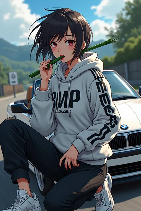 Nezuko with bamboo in mouth,bmw hoodie,adidas superstars shoe,bmw e36 cabrio in background,anime,manga