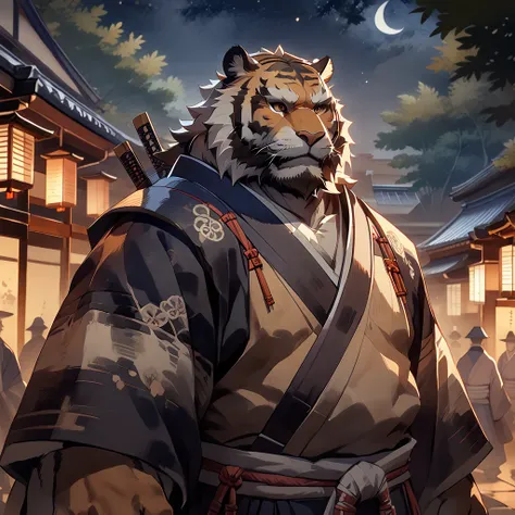 ((whole body)), (samurai), ((plump middle-aged tiger man)), standing, arms rised in the air, ((brown eyes)), one eye closed, bea...