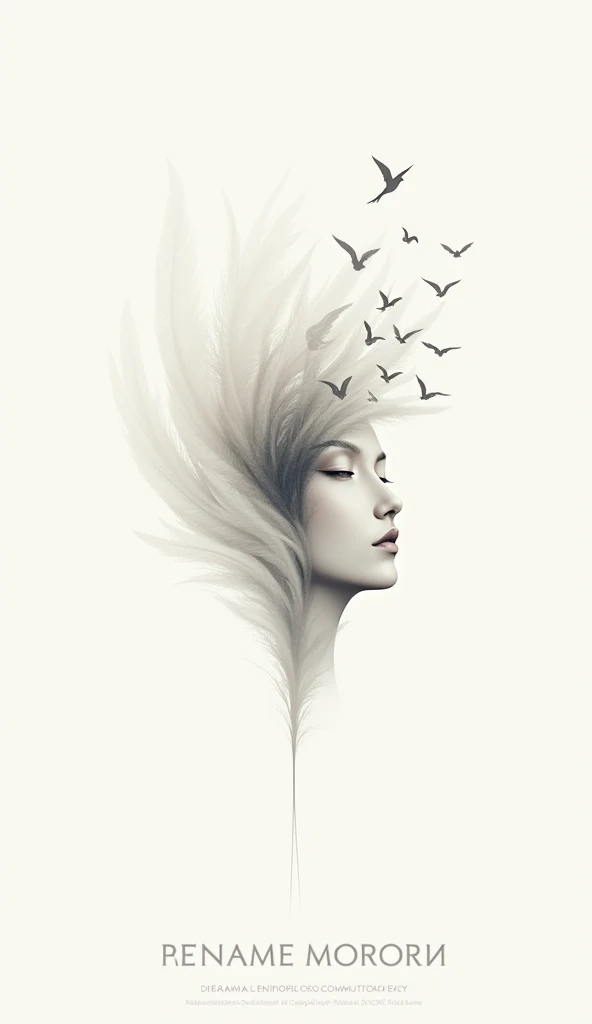 Create a minimal, modern, simple, inspirational, memorable, dream like logo design of white, modern, abstract, poetic, simple fantasy, enigmaticface with amazing, unique feathers leaving the head and turning into birds. Logo design for a brand called " Pen...