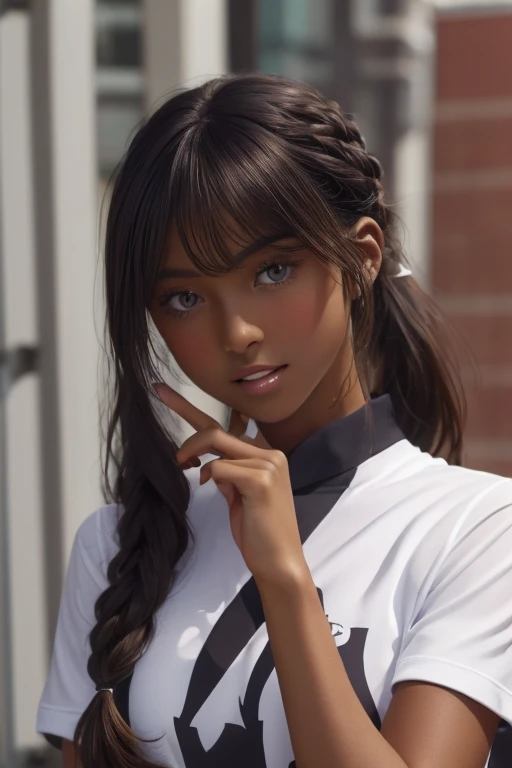 (((( one girl )))), Put your hand over your mouth、Beautiful breasts、 Brown eyes, ((Gal Hairstyles)) blonde, girl, (Eye and facial details:1.0), break, (masterpiece, Highest quality, Very detailed, Detailed face, 8k),( dark skin:1.9 ), (((( track and field ...