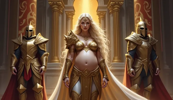 a pregnant woman with long blonde hair wearing armor, jaina proudmoore, diablo 4 queen, gorgeous female paladin, picture of fantasy portrait art, world warcraft art style, paladin woman, astri lohne, artwork, splash beautiful portrait, queen light, setting...