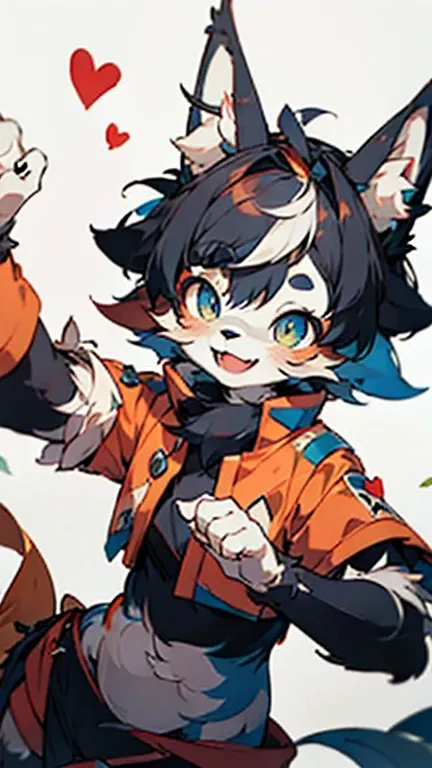 FHD, masterpiece, furry, furry face, with dog ears, a furry girl, no human hair, dancing, colored inner hair, black hair, streaked hair, white background, fantasy, watercolor, heart in eye, cheerful grin, dutch angle shot, 