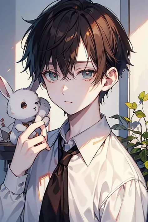 (Masterpiece), (Best Quality), Very detailed, (( two pale guy )), Perfect Face, Beautiful Face, Very detail, (short brown-haired man with brown eyes),  (short dark-haired man with emerald eyes), (harems)、white shirt, white rabbit, stunning, blood stained, ...