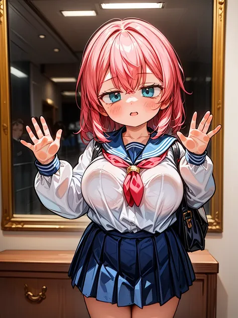 (masterpiece, Highest quality:1.2)、girl、[:(Detailed face:1.2):0.2]、(Big Breasts:1.3)、White shirt、Sailor suit、Pleated skirt、(Top view)、(Light pink hair)、Put your hand on the glass