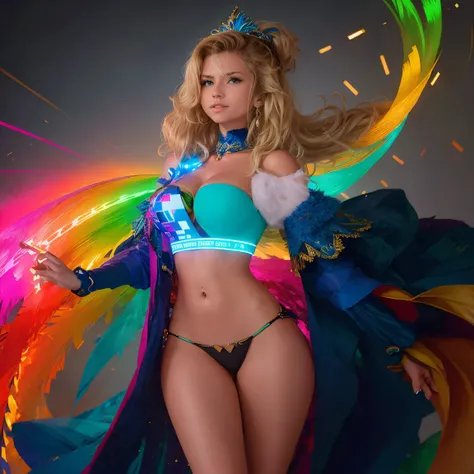 high quality, 8 K Ультра HD, Imagine a bright canvas, illuminated by a cascade of multi-colored binary code, shaping the silhouette of a charming stylish extravagant woman, Dynamic lines and patterns, resembles digital dance, weave together, to create a ha...