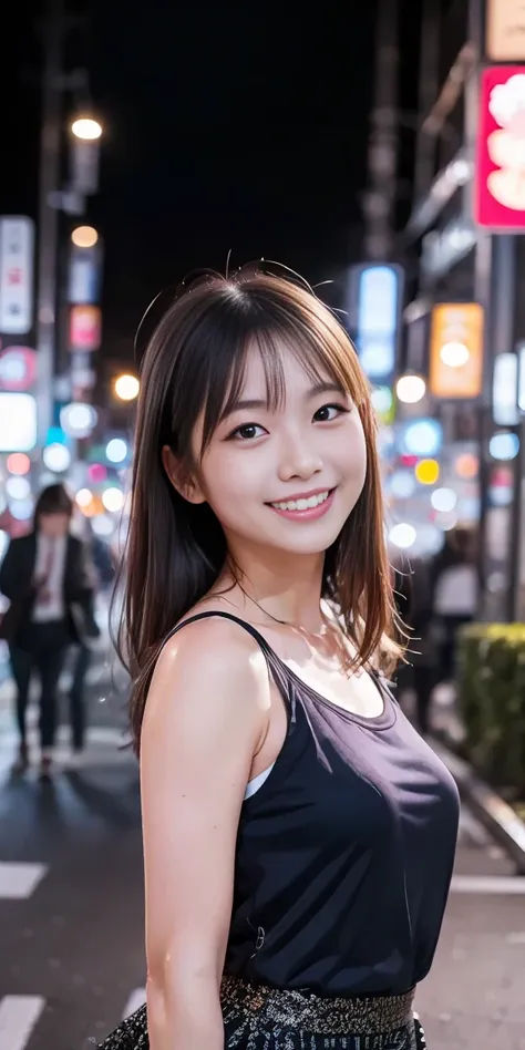 1 girl, tokyo street,night, streetscape,city lights,upper body,close,smile,, (8k, raw photos, highest quality, masterpiece:1.2),...