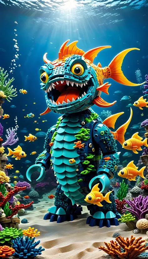 Magazine cover，best quality, very good, 16K, ridiculous, Very detailed, （（Fish Monster））seabed，Made of Lego,