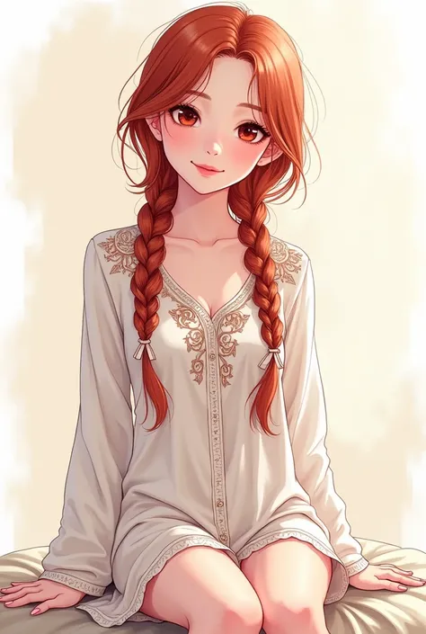 (masterpiece, Best Quality, High resolution: 1.4), detailed, intricate details, 4k, touch of color, Line art, Fibonacci. detail. adolescente slim, young girl, long red hair, waist length braided hair, Red eyes, smooth skin, White skin, slim, smiling, gentl...