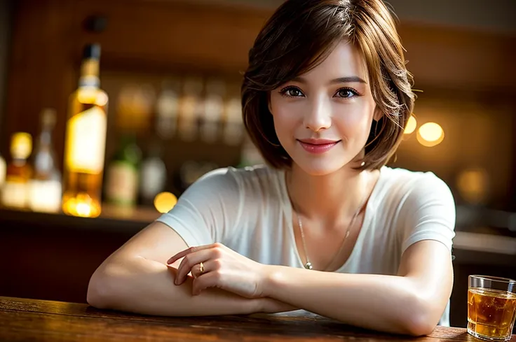 8k,Brown short hair,The best smile、Japanese actress,Super Beauty(Like the real thing),Short sleeve dress,Whiskey bottles、The Macallan、Johnnie Walker、、Old Parr、whiskey、Suntory、Nikka、Slim couple、Model Couple、(Realistic, Intricate details:1.2), full-course di...