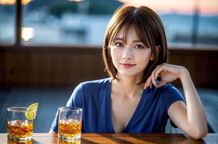 8k,Brown short hair,The best smile、Japanese actress,Super Beauty(Like the real thing),Short sleeve dress,Whiskey bottles、The Macallan、Johnnie Walker、、Old Parr、whiskey、Suntory、Nikka、Slim couple、Model Couple、(Realistic, Intricate details:1.2), full-course di...