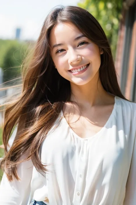 Smiling young woman, long hair, white blouse, bright natural light