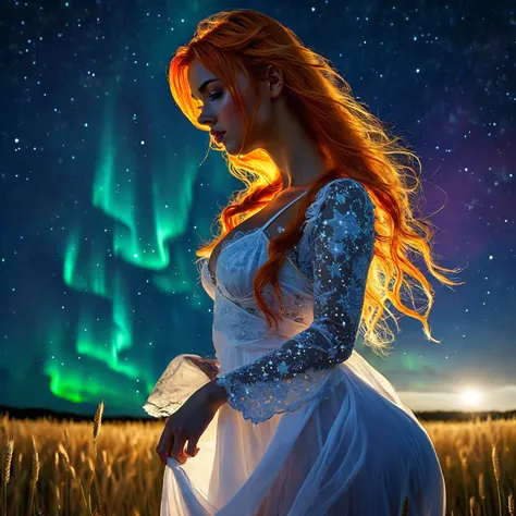 1 girl, alone, long orange hair, night sky. revealing white dress, curvy body, beautiful face, scarlet eyes. at night, starry sk...