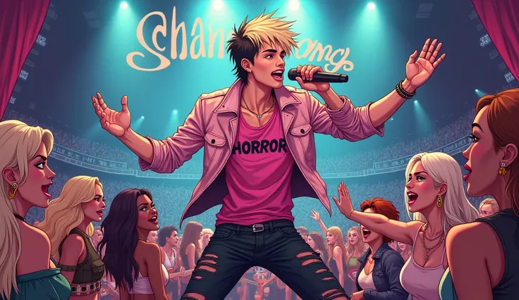 rock concert, "Shane springs" big sign, thin male, white American teen boy 20 years old with medium length bleach blonde hair and black roots, wears a pink shirt with a horror print with and a short light rosa leather jacket, ripped black jeans, shaved, si...