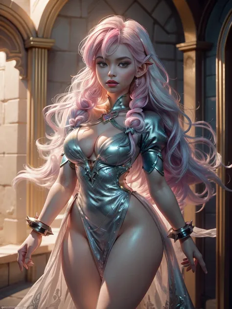 Elfgirl (rose quartz SU-elsa frozen Disney  mezclando modelos .) (ultra fUSION of white and pink hair) Highly detailed CG unity 8k wallpaper, style shot, complex, High detail, dramatic, Highest quality film still image, Very detailed, masterpiece, Best Qua...