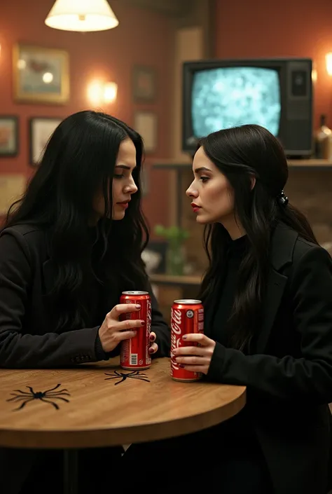 Samara du Ring films et mercredi Addams en train de discuter et de passer un bon moment, en buvant du Coca Light dans des canettes