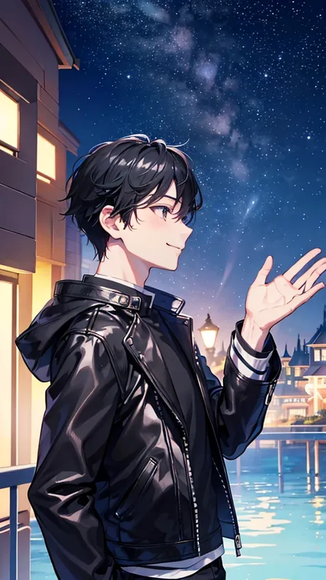 Highest quality、Young man looking up at the night sky、smile、profile、Disney Resorts、Black leather jacket、Black Hair、1 male