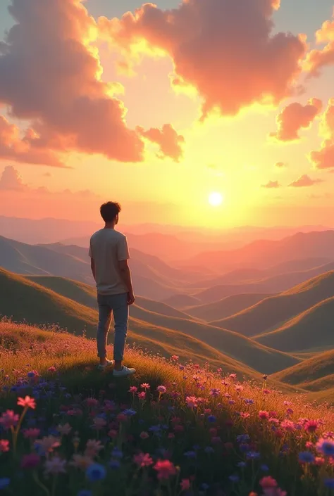 A young man  standing between sky and flowers at sunset and see the view at the top of hills 