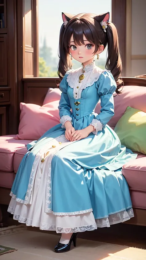 Victorian dress, masterpiece, cute, cat ears, twin tails, blushing, earrings, neckless, high heels, long dress