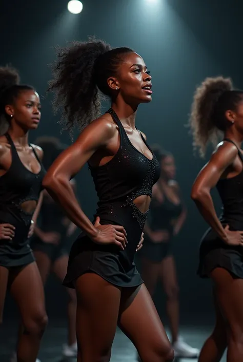 Black cheerleaders in black costumes students on a dark stage５people
