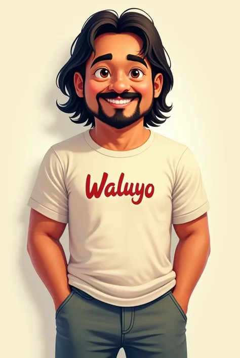 make a cartoon profile of a handsome Indonesian man with a Javanese ethnic group with brown skin, straight and long hair, wide face. be egg mustache,  short beard,  wearing cutbray trousers, wearing a t-shirt with the name Waluyo written on it, height 178 ...