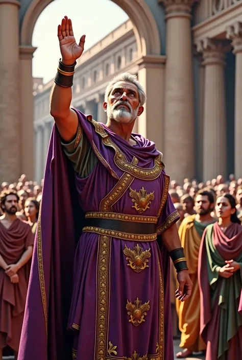 A Roman emperor named Paulus greeting the people dressed in a purple tunic