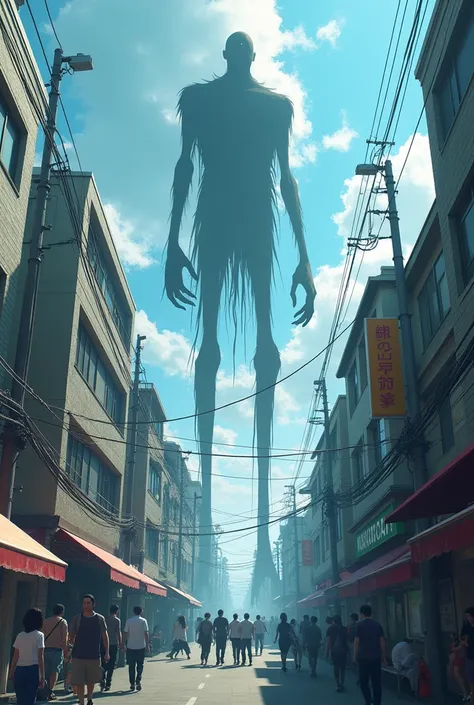 A disturbing Ashinaga, a long-legged ghost, walking through a bustling city street in broad daylight. The creature’s legs stretch unnaturally high, its body towering above the pedestrians below. The sun shines brightly, but the Ashinaga’s presence casts an...