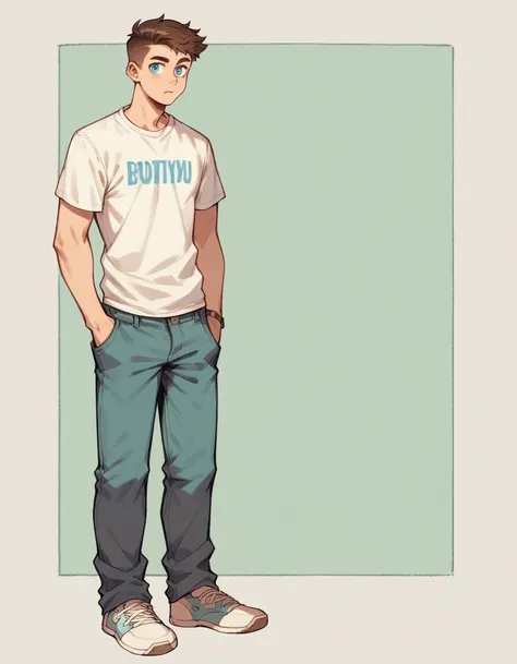 Human Male 23 Years, Brown pixie cut Side Hair Style  , blue pupils , white t-shirt , Pants ,Full body 