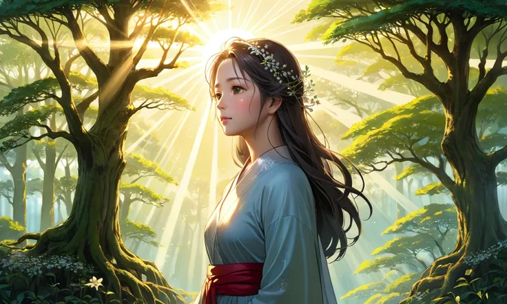 Lots of trees々、The morning sun filtering through、A calm and beautiful woman stands、Healing scenery