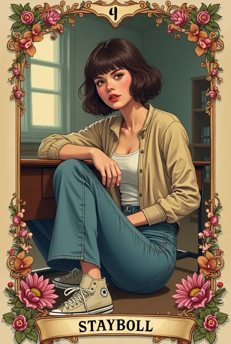 masterpiece, tarot aesthetics, tarot vintage line-art vintage aesthetics, teenage seductive diva, college cardigan sweater, flared jeans, sneakers, tarot line-art aesthetics, in class, tarot, languid posing, vintage, sexy curious, vintage line-art aestheti...