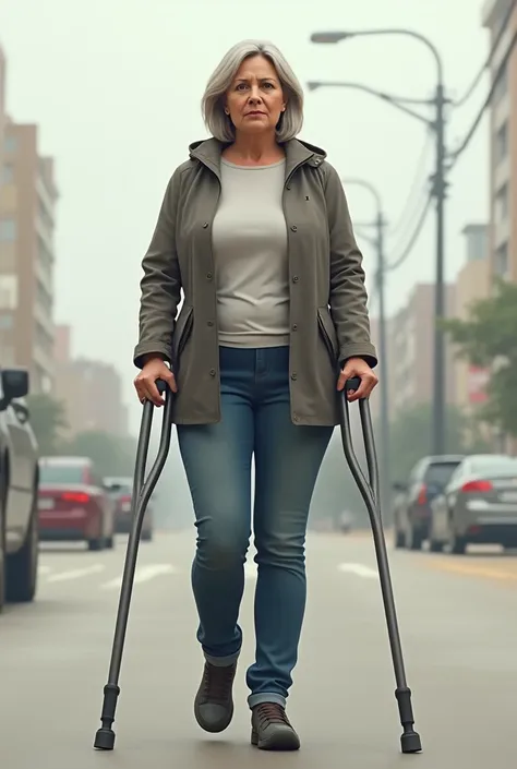 A woman holding crutches