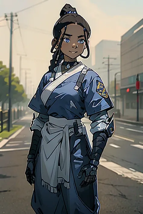 Katara, ponytail, braid choker, jewelry, ponytail brown hair, blue eyes, smile, dark-skinned female, dark skin, huge breasts, wearing Blue Jacket with white shirt underneat and Blue skinny jeans as pants, white sneakers, Mechanical Arms and Mechanical legs...