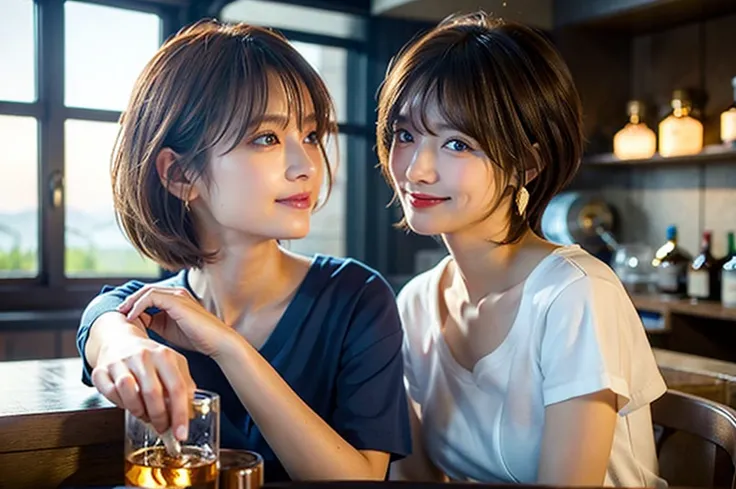 8k,Brown short hair,The best smile、Japanese actress,Super Beauty(Like the real thing),Short sleeve dress,Whiskey bottles、The Macallan、Johnnie Walker、、Old Parr、whiskey、Suntory、Nikka、Slim couple、Model Couple、(Realistic, Intricate details:1.2), full-course di...