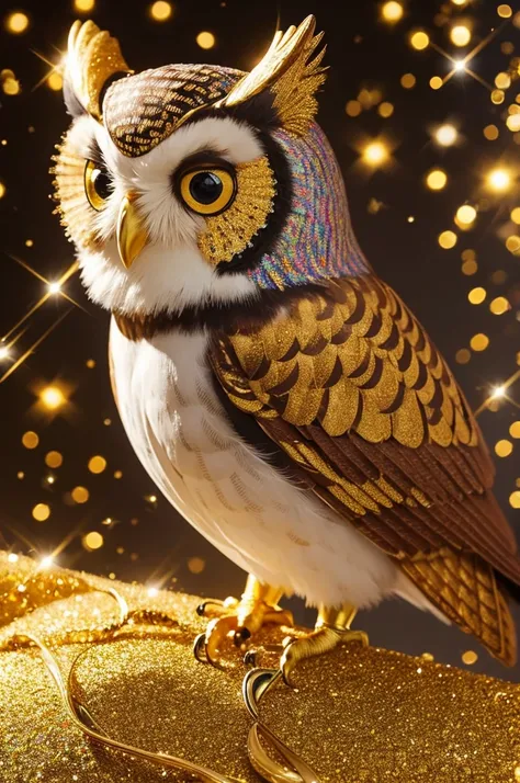 ((Highest quality)), ((masterpiece)), (detailed), Golden Owl,front、Background glitter