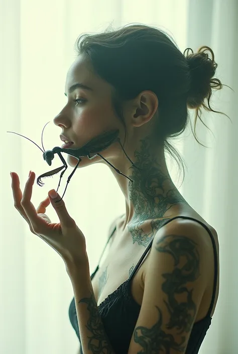 editorial photography,super detailed background,Super realistic,double exposure,depth of field,beauty super slender skinny vides,soft_focus tone,narrative scene,Human_hand fused with mantis_arm,