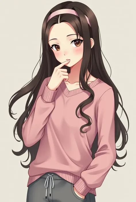 A girl with a big forehead and brown long hair . She should have a middle parting and wear a hairband Her pants should be grey jogging pants her sweater should be pink