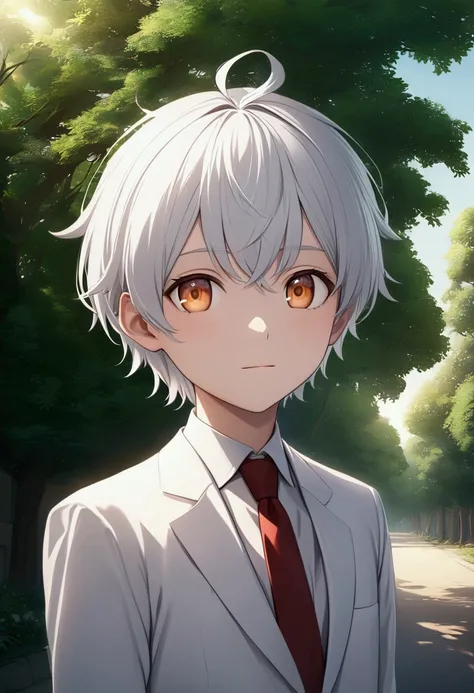 {young anime boy, white hair, orange eyes, wearing a white suit with a red tie} facing the viewer with a relaxed and content expression, portrait style as used in a license photo, set against a serene park scene in the morning, {realistic anime, ultra-deta...