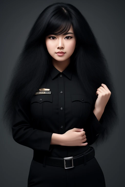 jet black hair,midium long hair,lion‐like hair,wolf-like hair,frizzy hair,thick hair,fluffy hair,most very heavy weight hair,most very voluminous hair,shiny jet black hair,female jail officer,black uniform,black pants,1 chinese woman,tall woman,height 1.95...