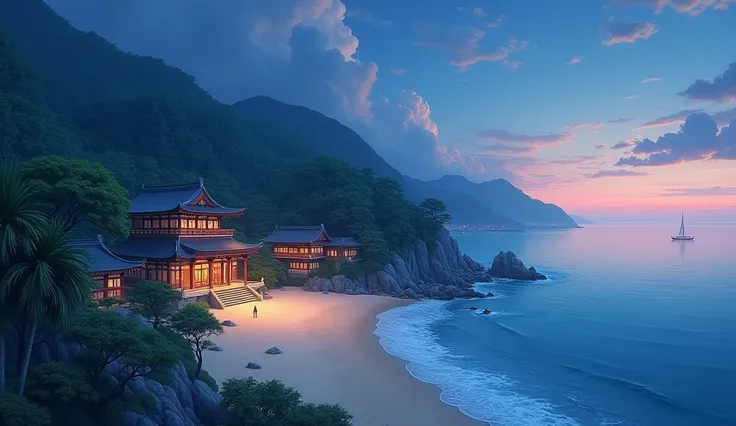 beautiful picture，Showing villages and temples lit from below,There are some trees on the beach，Sunsets are some darker blue,(The whole sky is blue)
