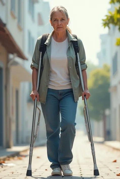 A woman holding crutches