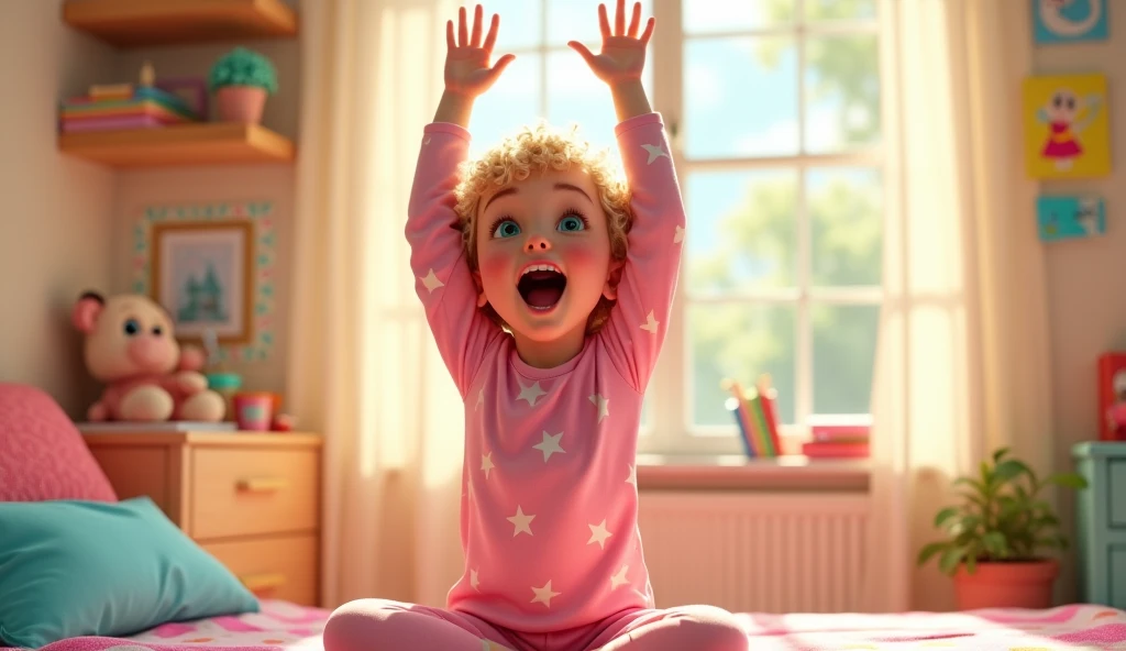 Create a vibrant YouTube title image for "Emmas Cheerful Morning Routine." The background should be a bright, cozy bedroom with pastel-colored walls and sunlight streaming through the window. In the center, feature Emma, an twelve-year-old girl with short,...