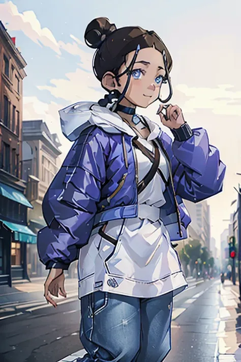 Katara, ponytail, braid choker, jewelry, ponytail brown hair, blue eyes, smile, dark-skinned female, dark skin, huge breasts, wearing Blue Jacket with white shirt underneath and Blue skinny jeans as pants, white sneakers, Mechanical Arms and Mechanical leg...