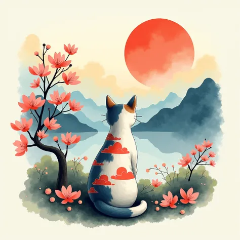 black background, Japanese-inspired hand drawing design featuring a calm, seated cat with its back turned, gazing at a serene landscape. The cat should have stylized red and blue cloud patterns on its fur, evoking traditional Japanese symbolism. Surround t...