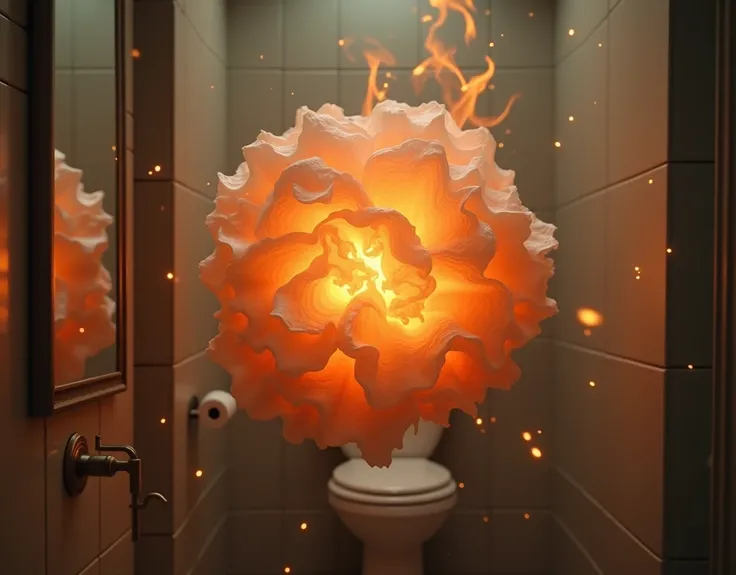 We want the image of a tissue paper rolled into a ball and hanging in a bathroom with fire coming out of it and