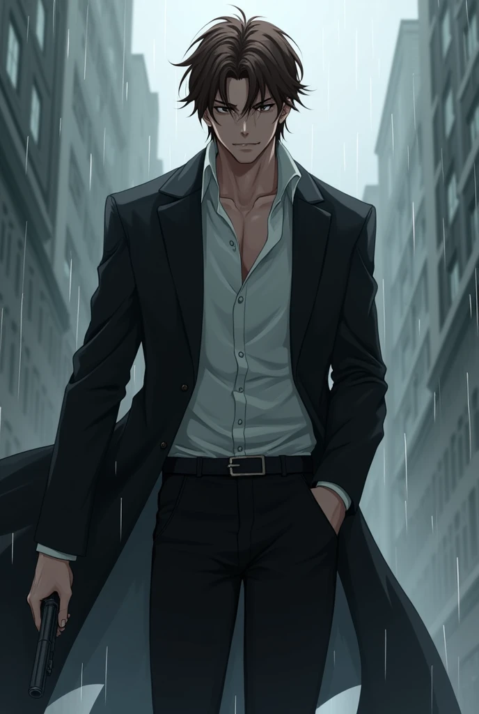 High accuracy, Handsome Dazi. man who loves suicide. wearing a long jacket. His hair is brown. Brown eyes. His clothes are black. His pants are black. His shirt is white. holding a gun in my hand. Rain background. He laughs. Anime drawing. 